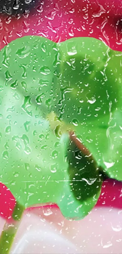 Vibrant green leaf with raindrops on pink.