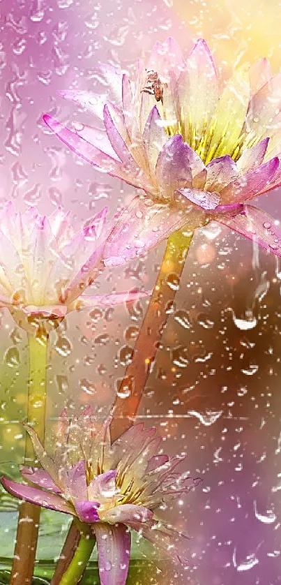 Vibrant floral wallpaper with pink hues and raindrop effect.