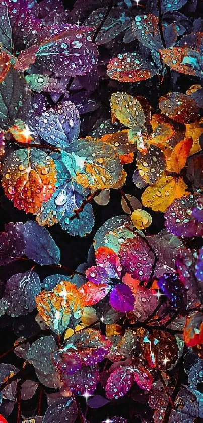 Colorful floral wallpaper with leaves and raindrops.