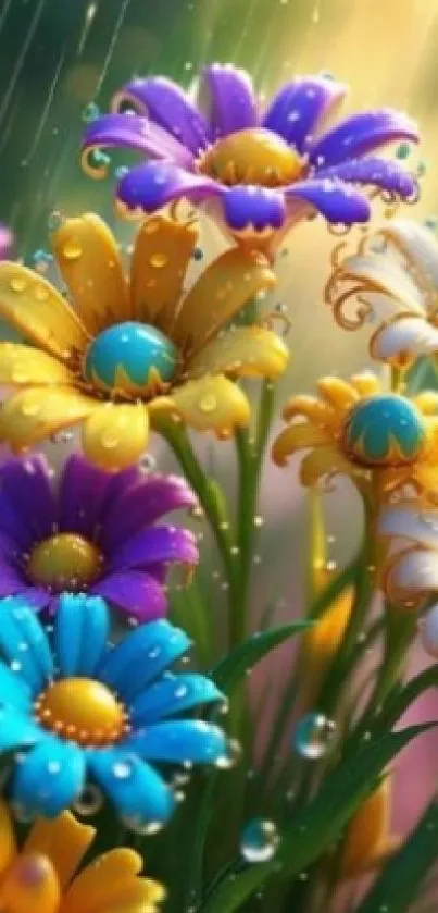 Colorful daisies with raindrops in a vibrant mobile phone wallpaper.