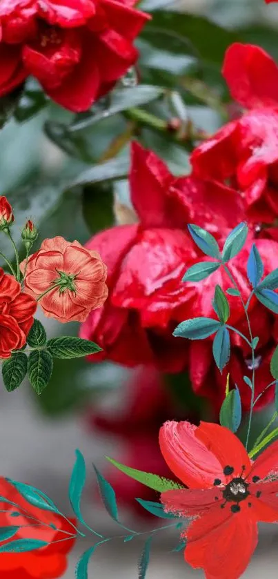 Vibrant red floral wallpaper with lush flowers and green artistic leaves.