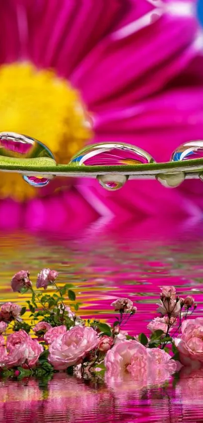 Vibrant pink floral wallpaper with water reflections.