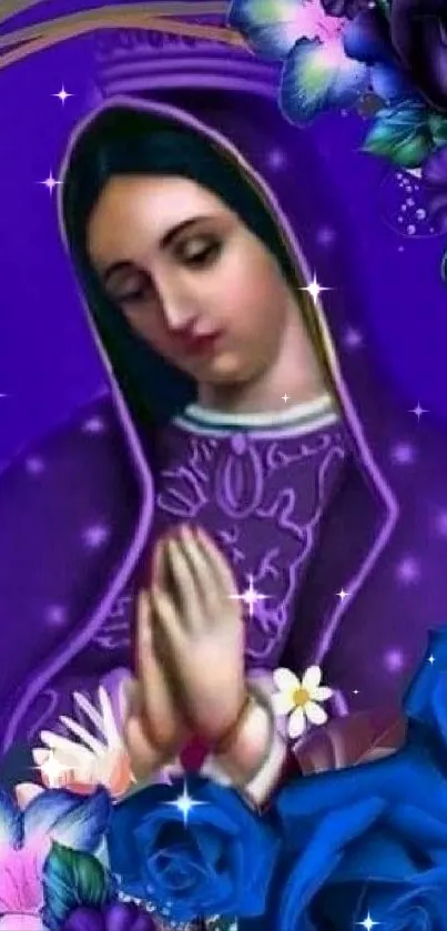 Religious figure with blue and purple flowers.