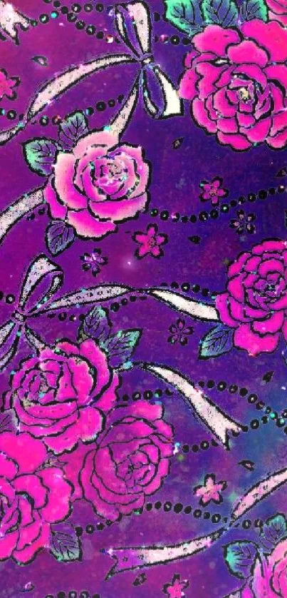 Pink roses and ribbons on purple background wallpaper