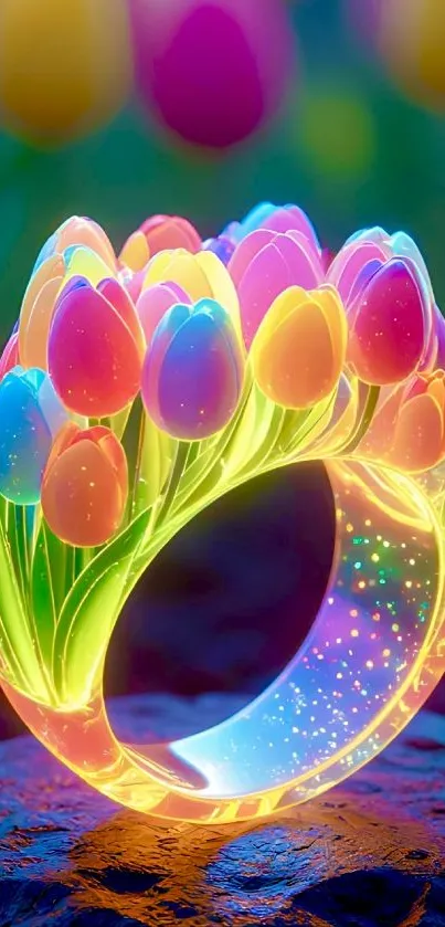 Vibrant glowing floral ring with colorful tulips.