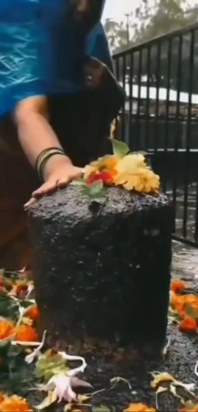 Sacred stone with flowers in a ritual scene.