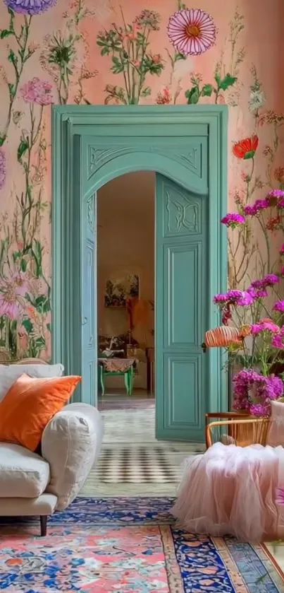 Vibrant floral wallpaper in a pastel themed room with elegant decor.