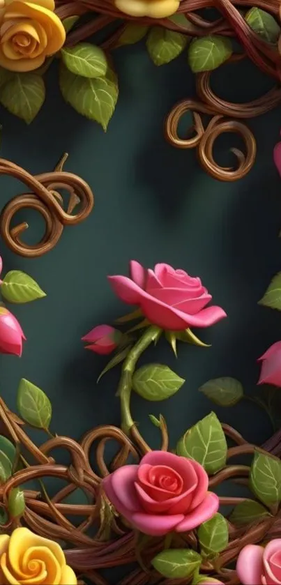 Floral rose art wallpaper with vibrant colors and leafy vines.