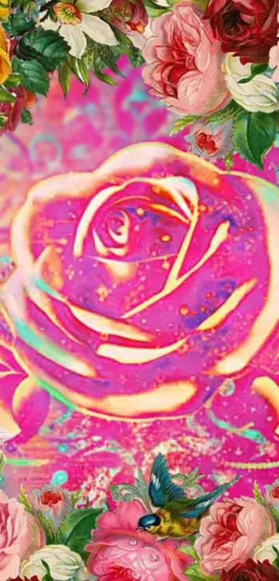 Vibrant pink rose with floral border design.