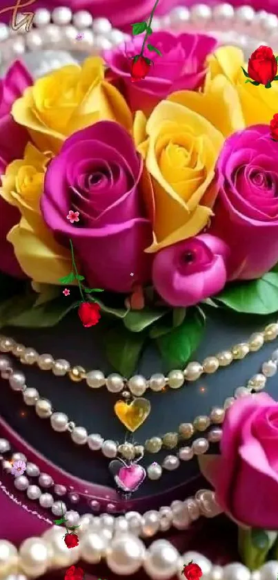 Heart-shaped bouquet of pink and yellow roses with pearls.