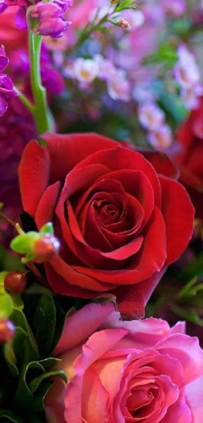 Vivid floral wallpaper showcasing red and pink roses.