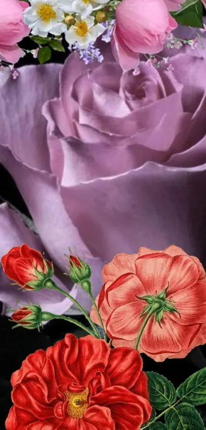 Vibrant mobile wallpaper with pink and red roses.