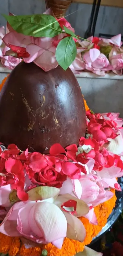 Shiva Lingam adorned with pink and red flowers, infused with spiritual essence.