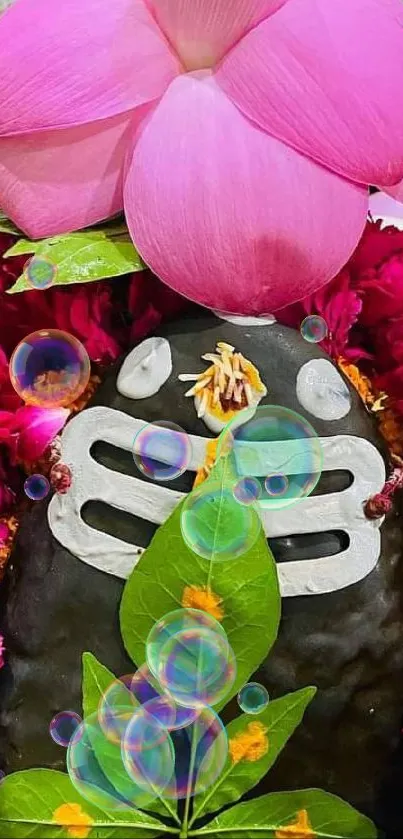 Colorful Shiva Lingam with lotus and leaves in vibrant design.