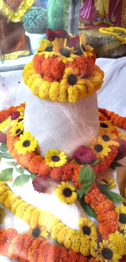 Vibrant floral Shivling with marigold and roses, ideal for festive wallpapers.