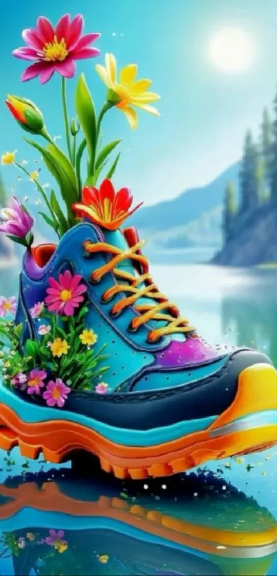 Artistic mobile wallpaper with colorful floral shoe and serene lake.