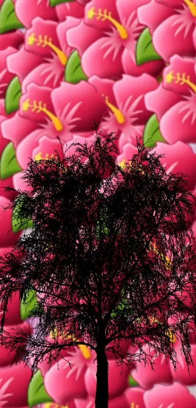 Tree silhouette against vibrant pink floral background.