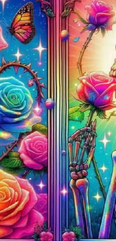 Vibrant floral and skeleton art with colorful roses and a rainbow glow.