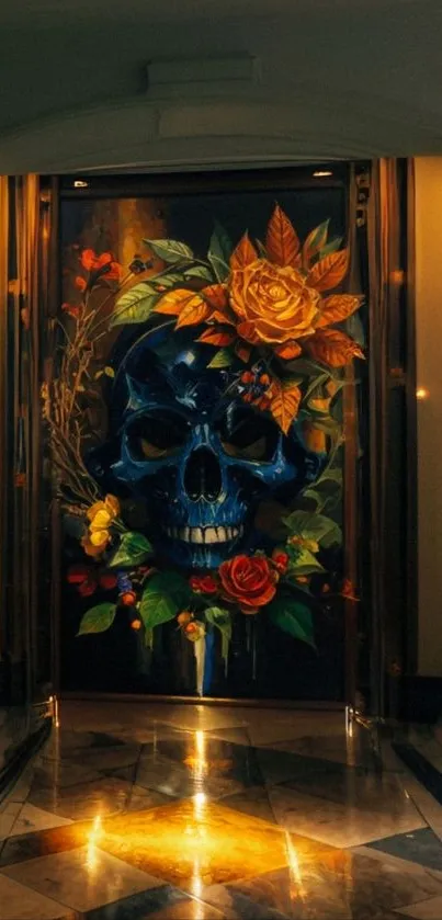 Vibrant floral skull artwork on a mobile wallpaper, featuring colorful details.