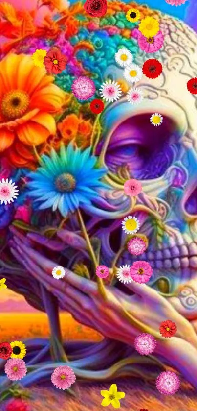 Vibrant floral skull wallpaper with colorful flowers and artistic design.