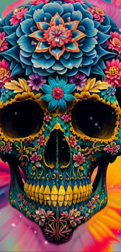 Vibrant floral skull artwork with colorful details.