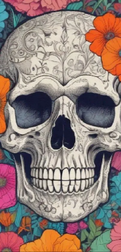 Intricate skull art with vibrant floral patterns and colors.