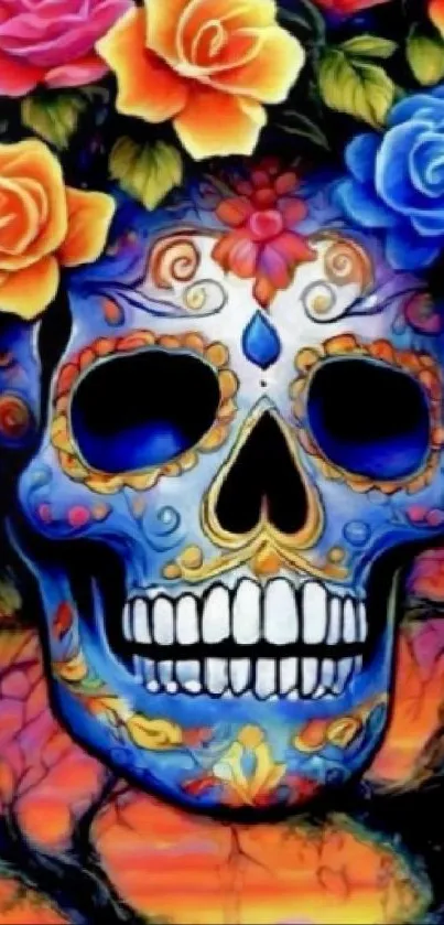 Vibrant floral skull with colorful roses on a phone wallpaper.