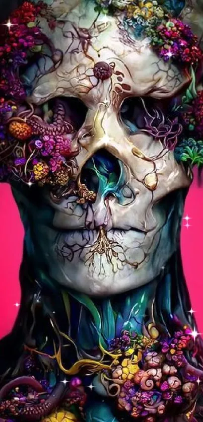 Vivid floral skull art with neon hues and surreal design.