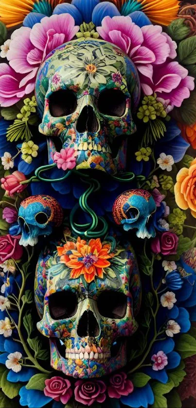 Vibrant skull and floral themed mobile wallpaper.