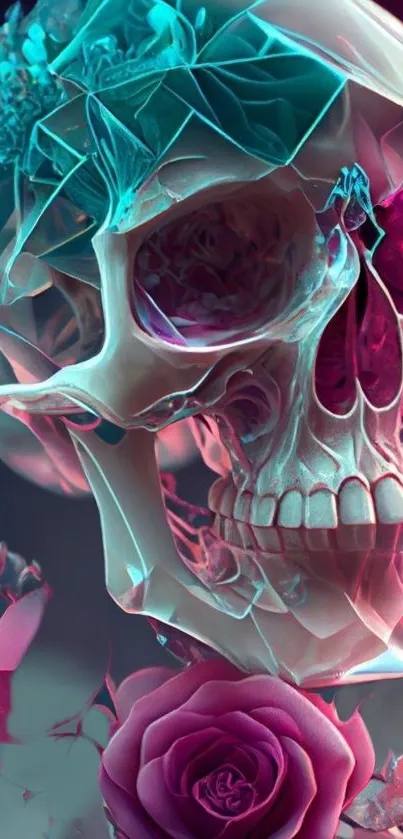 Vibrant and surreal skull with floral accents on a mobile wallpaper.