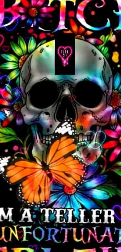 Floral skull with colorful butterfly and flowers wallpaper.