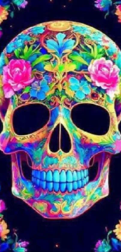 Vibrant neon floral skull artwork with intricate patterns and colorful details.