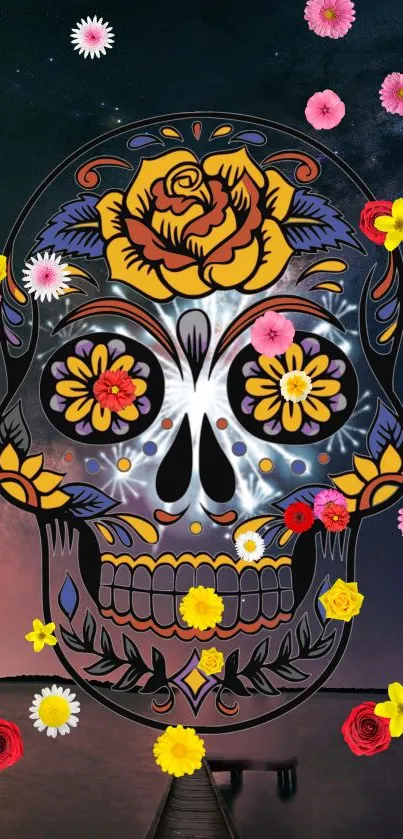 Colorful floral skull against starry night wallpaper.