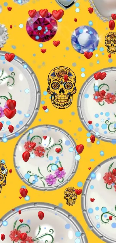 Colorful skull and floral wallpaper with vibrant yellow background.