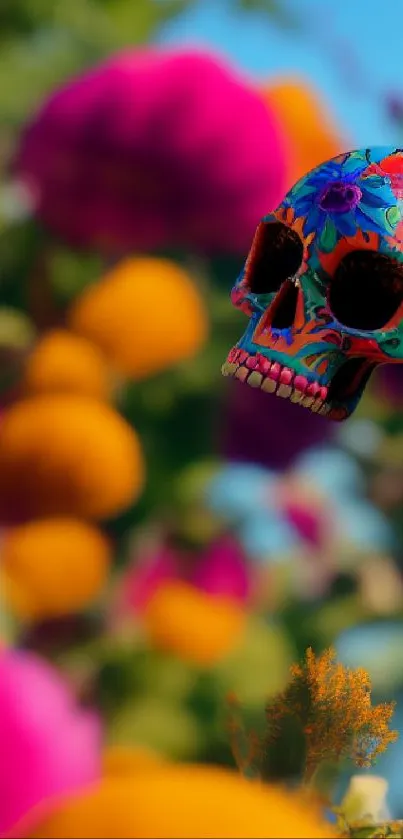 Colorful skull and vibrant flowers mobile wallpaper.