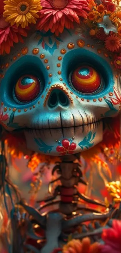 Vibrant Day of the Dead skull with flower crown.