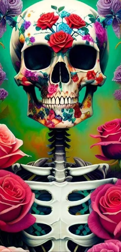 Artistic floral skull with vibrant roses and green background.