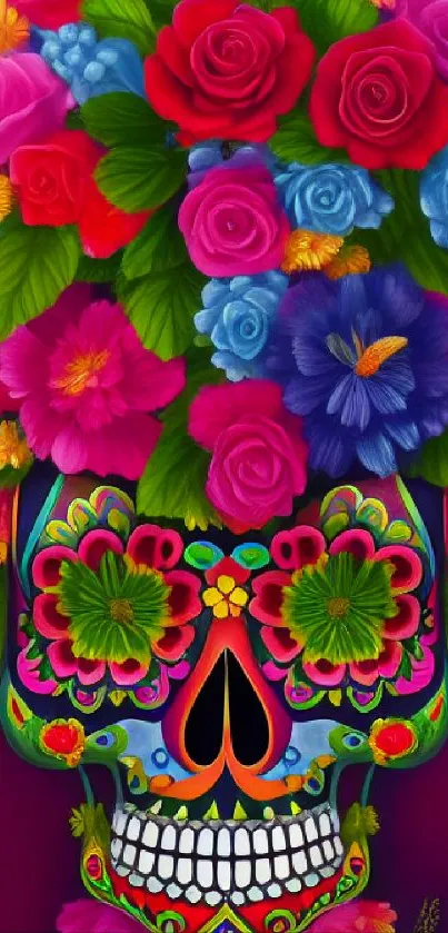 Artistic skull with vibrant floral design, colorful and intricate on dark background.