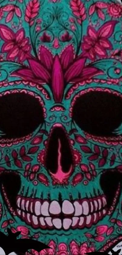 Colorful floral skull wallpaper in teal and pink hues