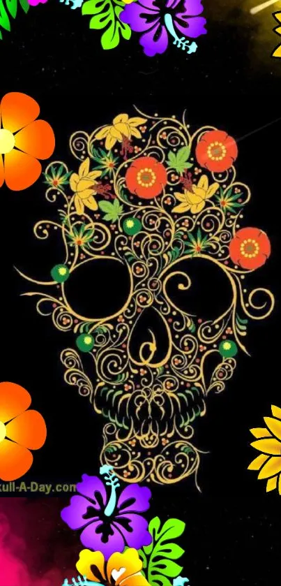 Floral skull mobile wallpaper with vibrant colors.