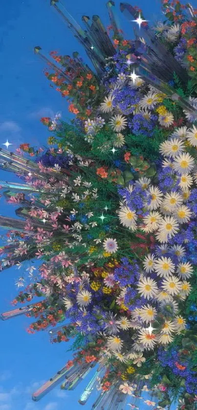 Vibrant floral arrangement against a serene blue sky background.