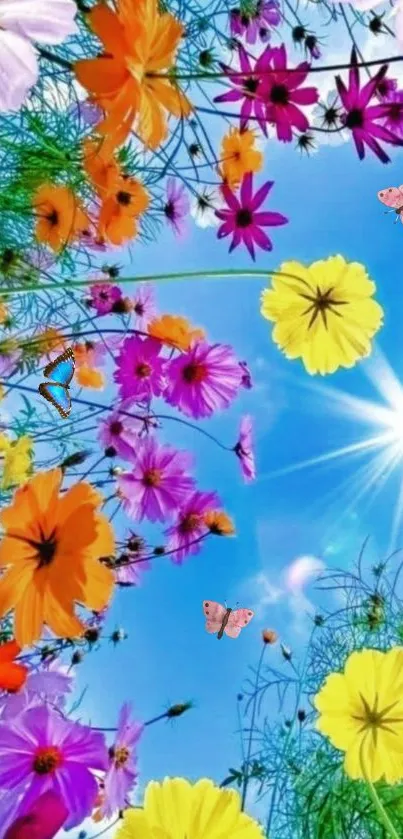 Vibrant floral wallpaper with sky and butterflies.