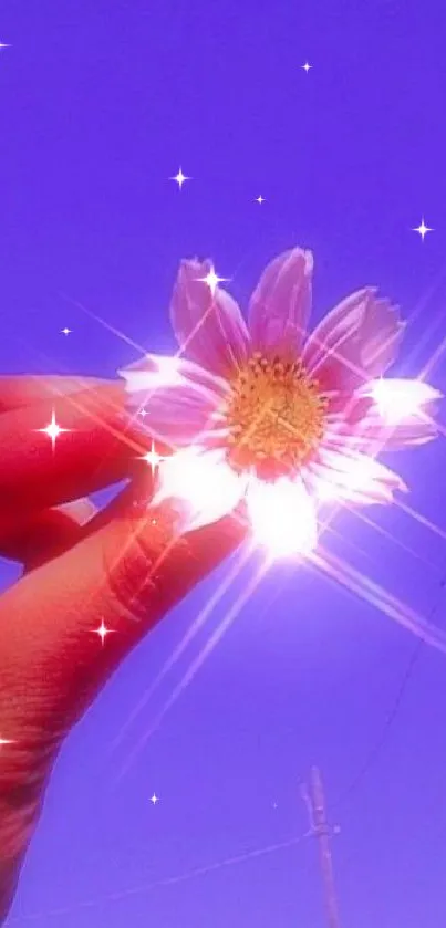 Hand holding a radiant flower against a bright blue sky.