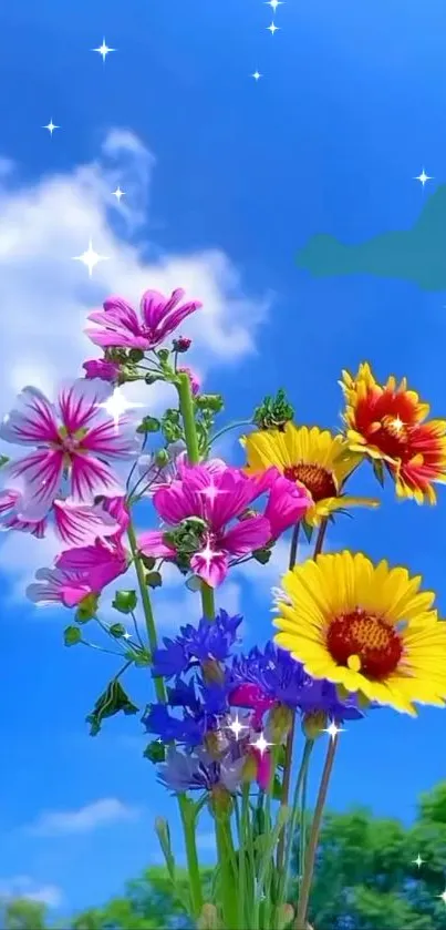 Colorful flowers beneath a bright blue sky wallpaper.