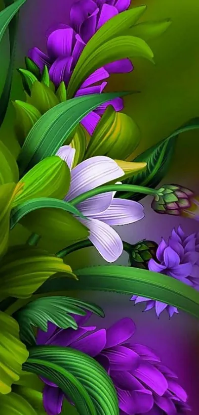 Vibrant mobile wallpaper with green leaves, purple flowers, and a butterfly.