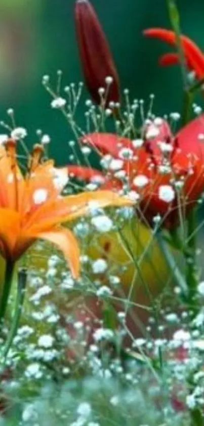 Vibrant orange and red flowers with lush greenery background.