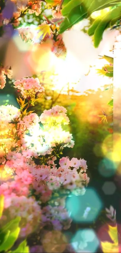 Vibrant floral wallpaper with sunlight and bokeh effects.