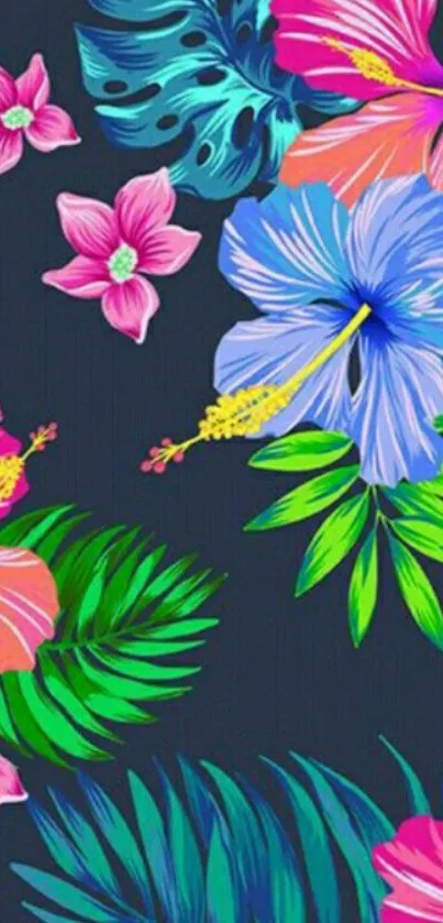 Vibrant floral wallpaper with tropical flowers and leaves on a navy blue background.