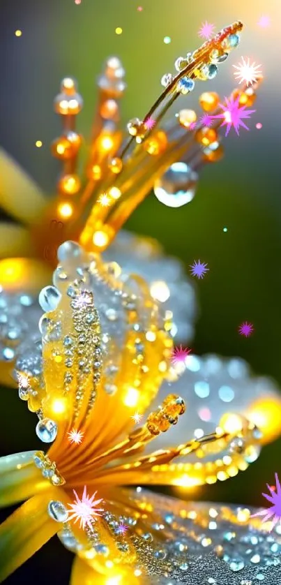 Close-up of glowing yellow flowers with dew on a vibrant smartphone wallpaper.