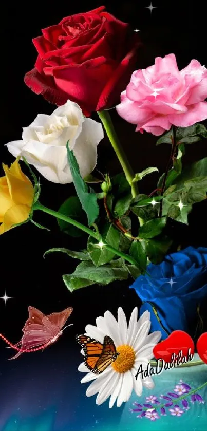 Vibrant flowers and butterflies wallpaper with vivid colors and artistic design.